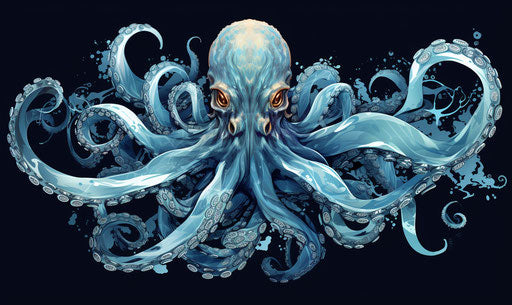 Octopus drawing on white background, dark sky-blue style