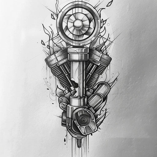 Bold flat tattoo sketch of a piston with a dramatic, detailed engine part background