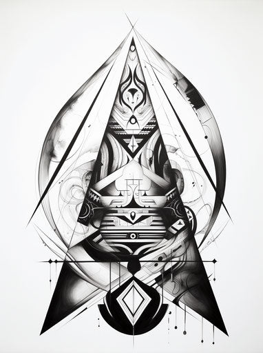 Tattoo design of a teepee with black and white lines and symbols, in the style of art of Tonga