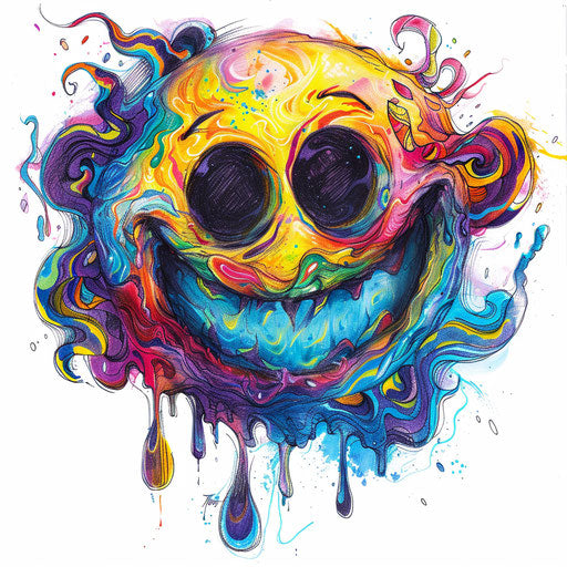 Psychedelic smiley face tattoo artwork, swirling colors, on white backdrop
