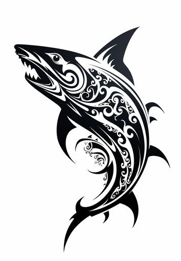 Tribal shark tattoo idea, dark white style, abstract form, graceful 39:56