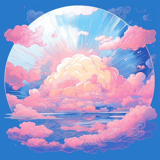 Pink and blue cloud in sunlight, fantastical kawaii style