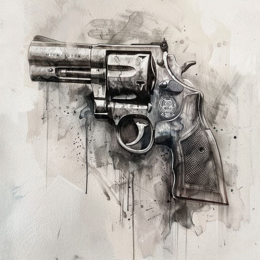 Detective's gun in black and gray against white foggy backdrop