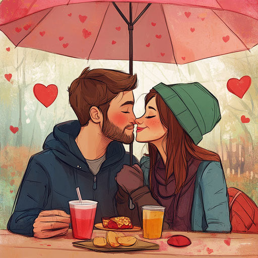 Caricature drawing of a young couple kissing in the park on Valentine's Day