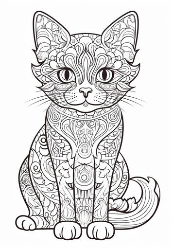 Intricate cat design coloring page with symbolic elements