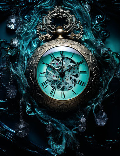 A clock styled in nightcore, dark aquamarine and white