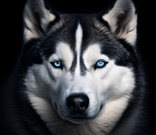 Huskies with deep blue eyes, stark realism style