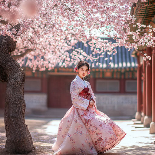Asian model in traditional Hanbok in ancient palace courtyard