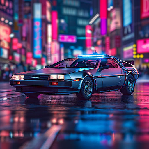 Futuristic roadster in neon city at night