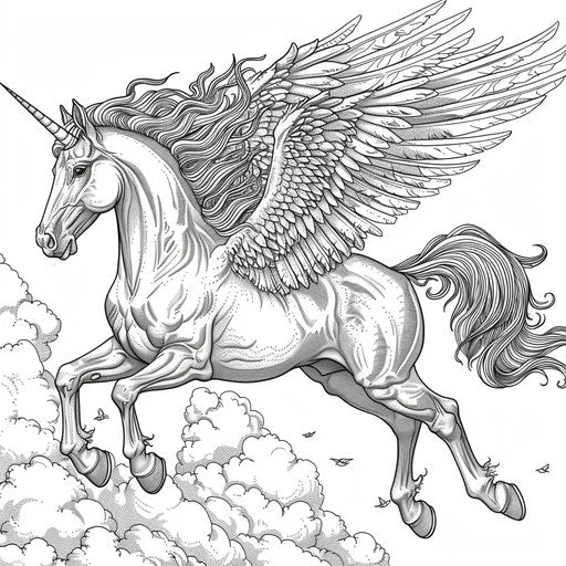 Pegasus soaring with wings spread wide in the sky. Coloring book page