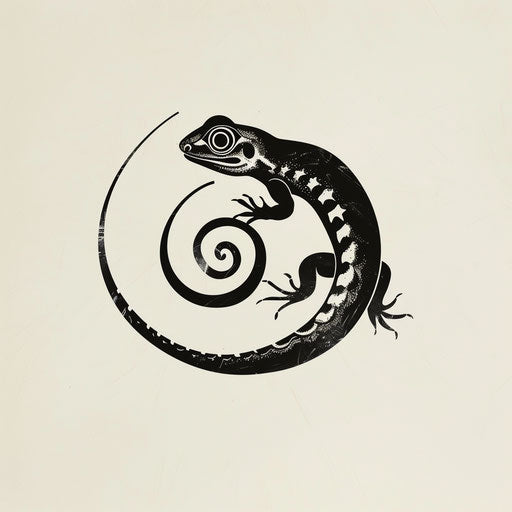 Minimalist black and white flat tattoo sketch of a lizard curled in a spiral