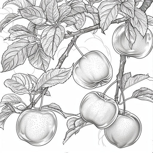 Apples hanging from a tree branch with detailed leaves and sky