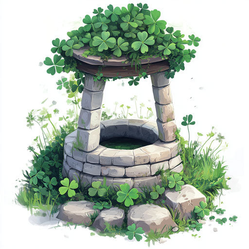 An old well surrounded by clover and shamrocks