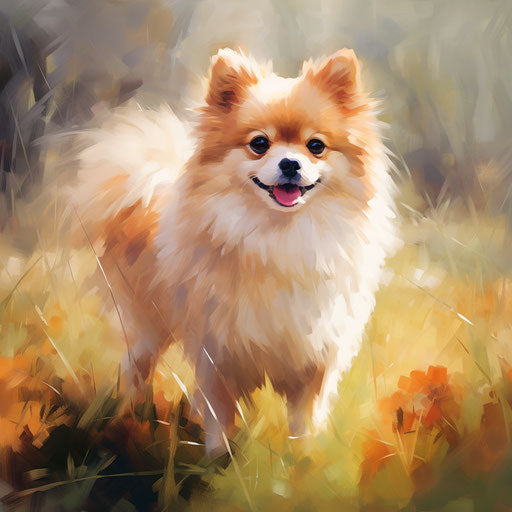 Red and white Pomeranian standing in grass