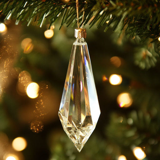 Elegant crystal icicle ornament reflecting Christmas tree lights