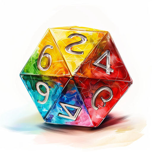 Realistic d20 clipart on flat white background, bright colors and smooth finishes