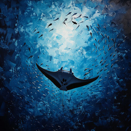 Manta ray in the deep blue sea surrounded by schools of fish, in the style of Vincent Munier