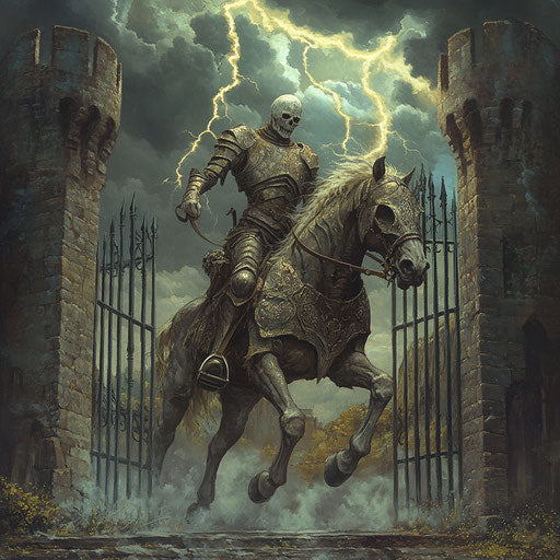 The headless horseman on a skeletal horse, storming through the gates of an old castle, his armor clanking as thunder rumbles overhead.