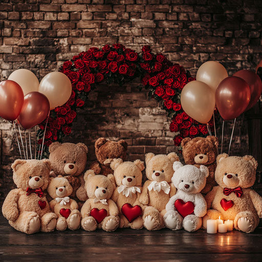 Plush teddy bear arch with heart balloons against brick wall