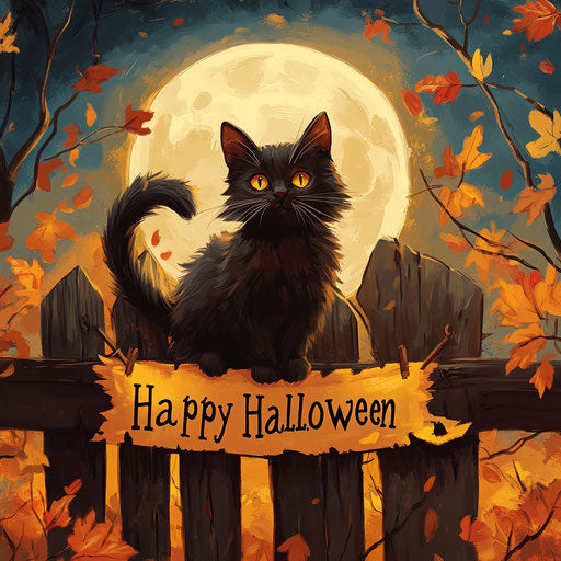 Black cat and full moon on fence, Happy Halloween banner