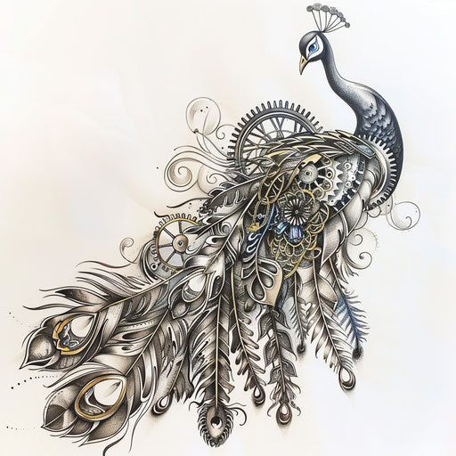 Elegant mechanical peacock tattoo with metallic feathers on white background