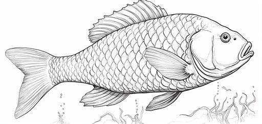Carp coloring page with a pencil, Creative Commons attribution style, simple 40:19