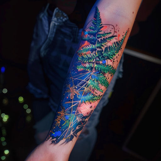 Futuristic digital fern tattoo with neon colors