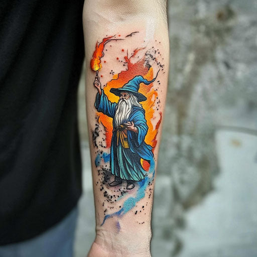 Inner forearm tattoo with a wizard casting a spell
