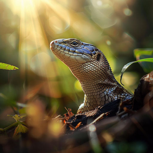 Blue tongue skink in a sunlit forest with soft lighting