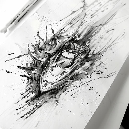 Expressive splatter art tattoo sketch of a speedboat with dynamic water splashes
