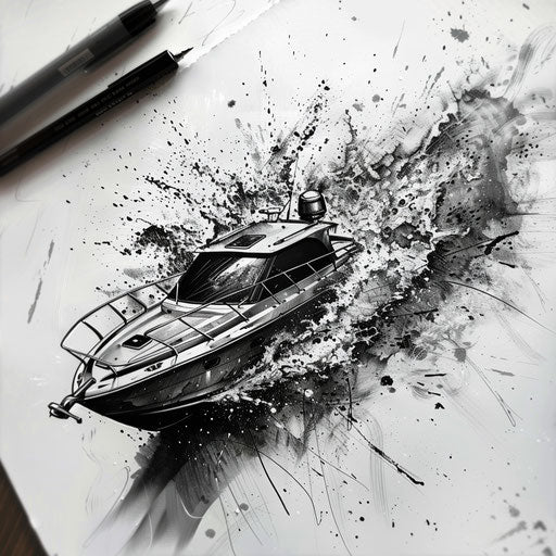 Sketch of expressive splatter art tattoo of a speedboat with dynamic water splashes