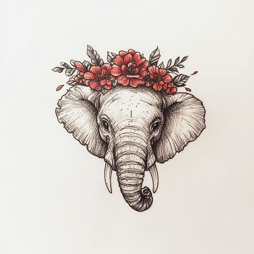 A small elephant tattoo with a floral crown