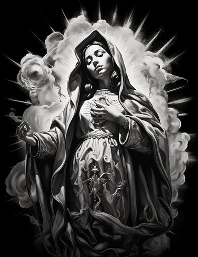 Mary in black and white, chicano art style, light and dark