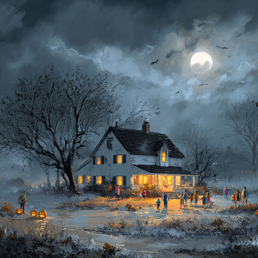 Vibrant and spooky Halloween night scene at a rural house