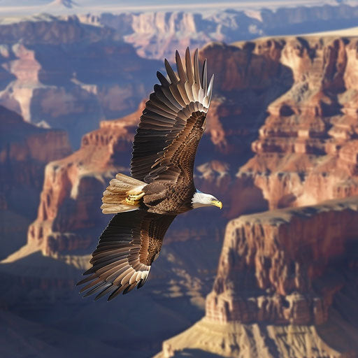 Bald eagle soaring over grand canyon