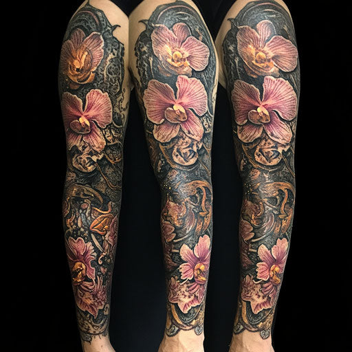 Flower sleeve tattoo with orchids and mystical symbols intertwined