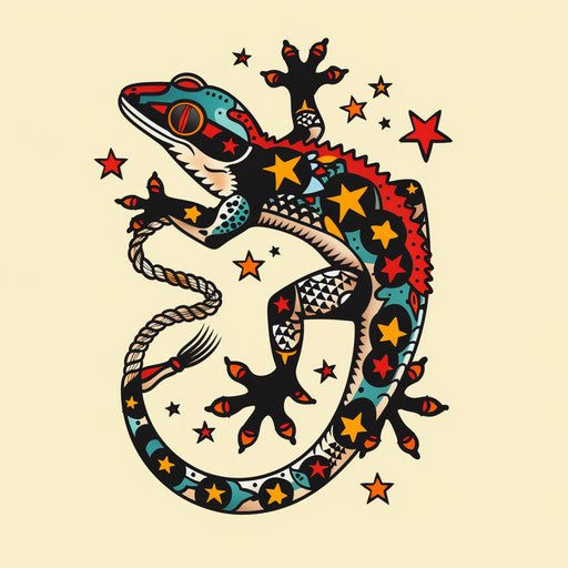 Old school flat tattoo sketch of a gecko with traditional nautical stars and ropes