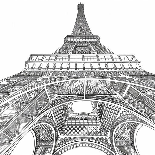 Detailed Eiffel Tower with structure, coloring book page