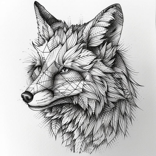 Intricate black and white fox tattoo with geometric patterns