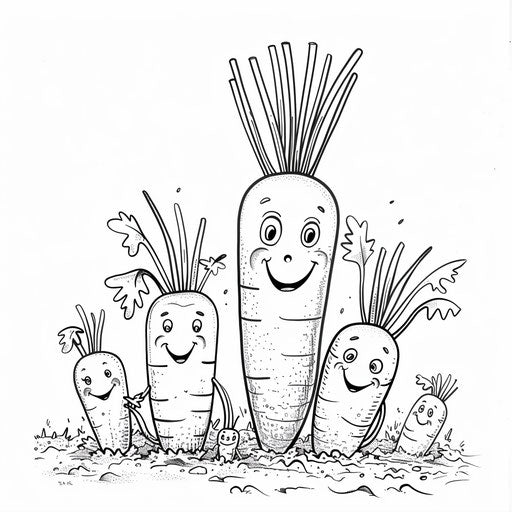 A carrot family with parent and baby carrots in a garden