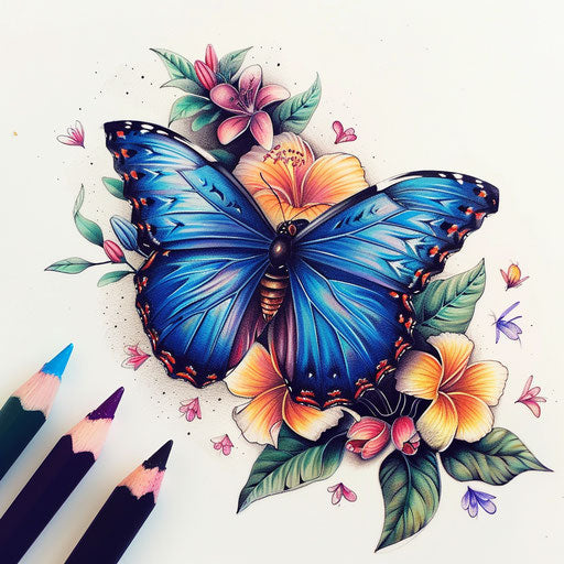 Realistic blue butterfly among delicate flowers