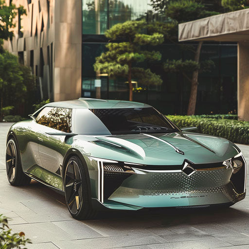 Electric Citroen DS 20 car with futuristic design in a modern green city