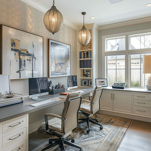 Home office for two with long shared desk and personalized accessories