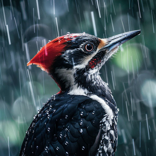 Woodpecker in rainstorm, water droplets on feathers