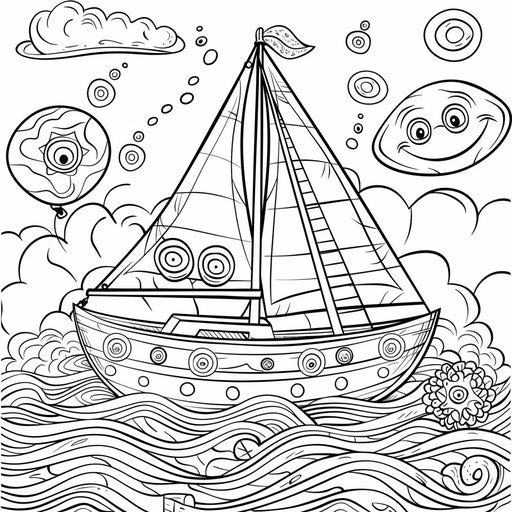 Whimsical cartoon boat sailing on a sunny day