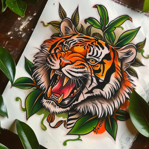 Roaring traditional tiger with jungle backdrop