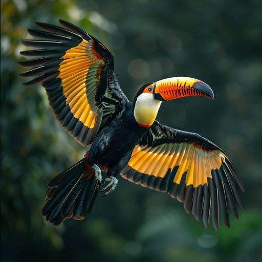 Toucan in flight, wings outstretched in the style of Frans Lanting