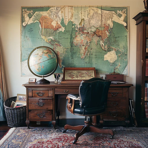 Home office with large map or globe for travelers and global workers