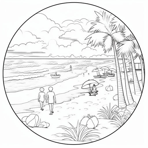 Colorful beach for kids, playful and colorful style, tondo, precisionist, black-and-white, heatwave, kodak ektar 100, pictorial