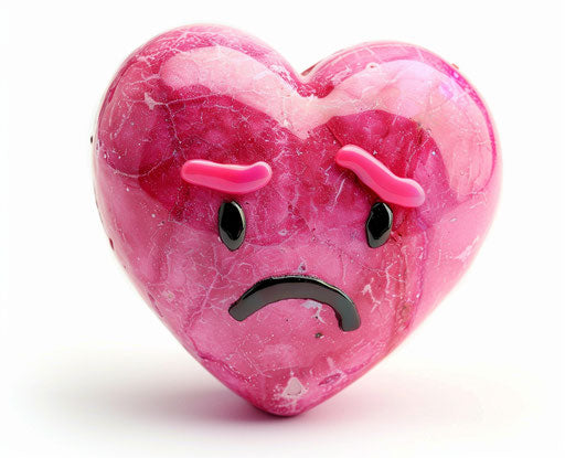Pink heart with sad face on white background
